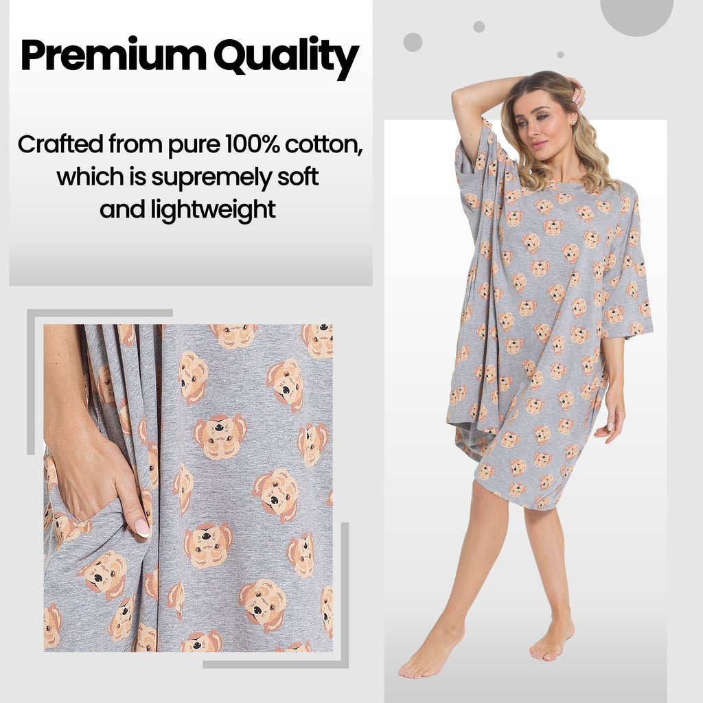 OLIVIA ROCCO Women's Cockapoo Baggy Nighty Dress 100 Percent Cotton Oversized Nightshirt Short Sleeved Nighties For Ladies Daisy Dreamer