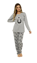OLIVIA ROCCO Women's Penguin Stars Grey Cotton Pyjama Set With Long Sleeve Top And Elasticated Bottoms Made From 100 Percent Pure Cotton - Nest UK