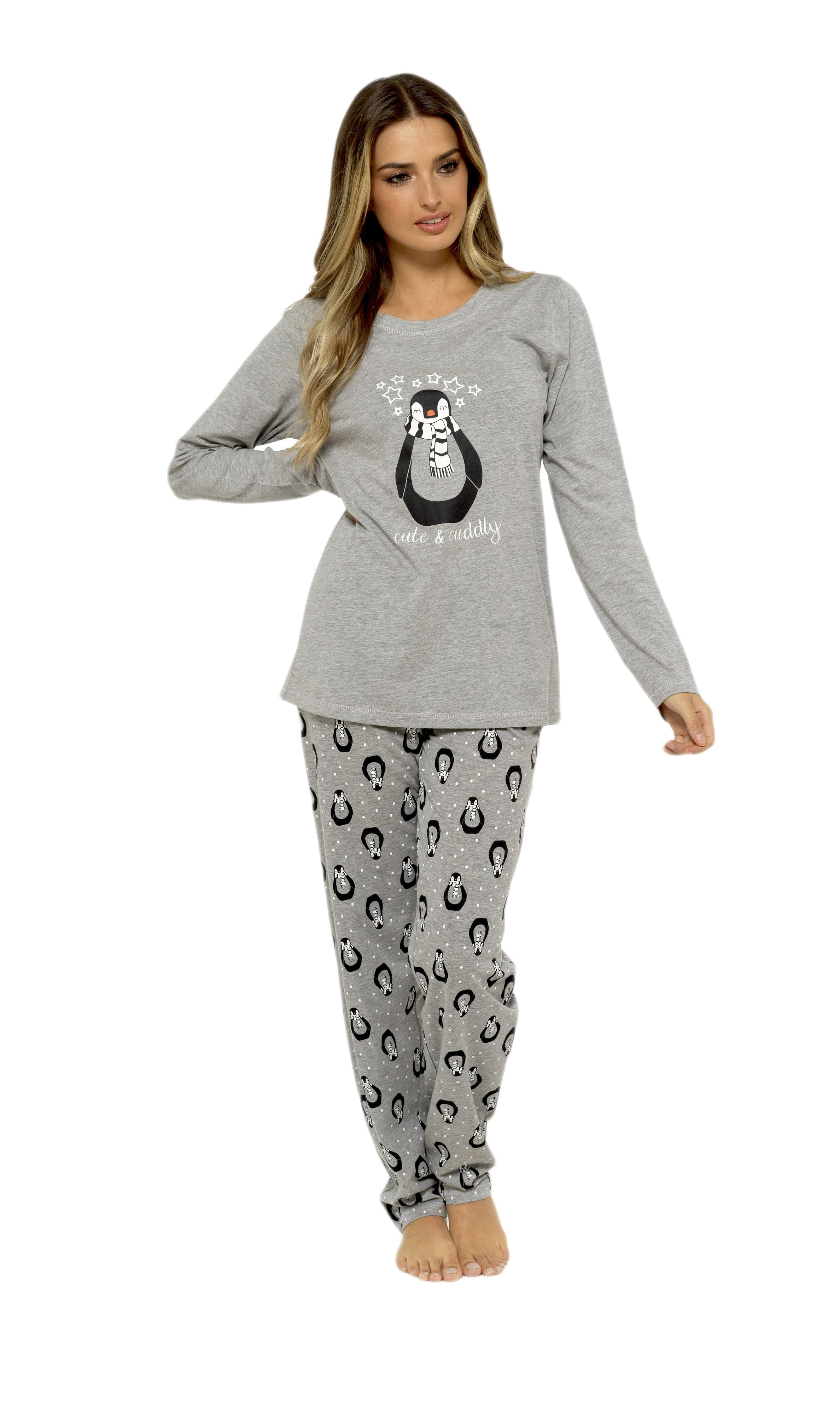 OLIVIA ROCCO Women's Penguin Stars Grey Cotton Pyjama Set With Long Sleeve Top And Elasticated Bottoms Made From 100 Percent Pure Cotton - Nest UK