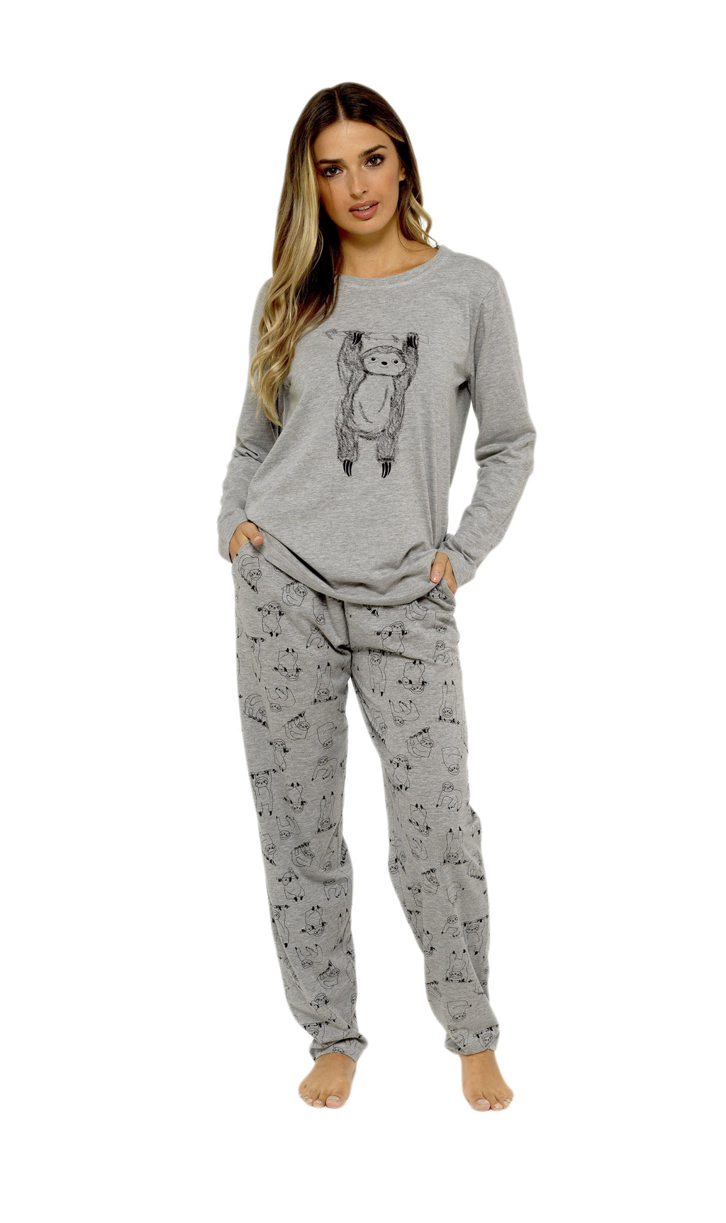 OLIVIA ROCCO Women's Grey Cotton Pyjama Set With Lazy Sloth Design, Long Sleeve Sleepwear For Her, Comfortable Nightwear