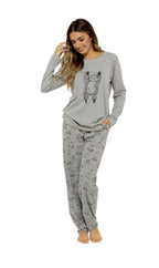OLIVIA ROCCO Women's Grey Cotton Pyjama Set With Lazy Sloth Design, Long Sleeve Sleepwear For Her, Comfortable Nightwear
