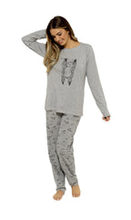 OLIVIA ROCCO Women's Grey Cotton Pyjama Set With Lazy Sloth Design, Long Sleeve Sleepwear For Her, Comfortable Nightwear