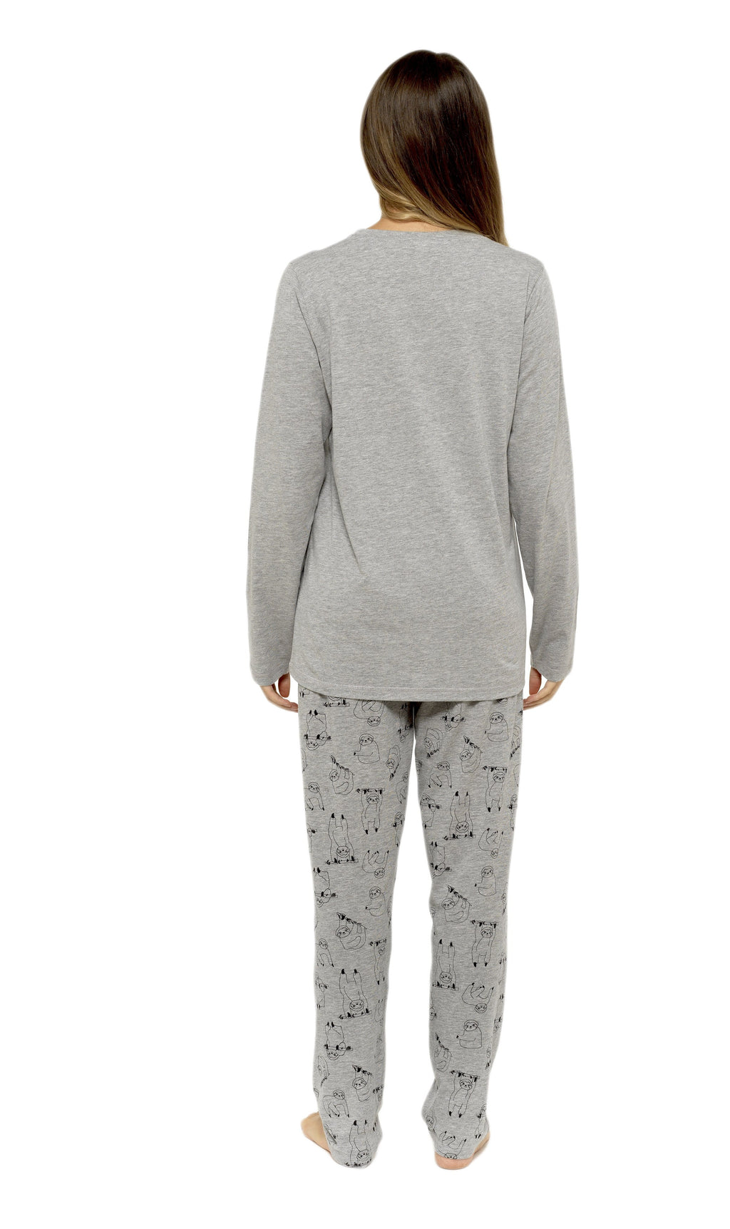 OLIVIA ROCCO Women's Grey Cotton Pyjama Set With Lazy Sloth Design, Long Sleeve Sleepwear For Her, Comfortable Nightwear