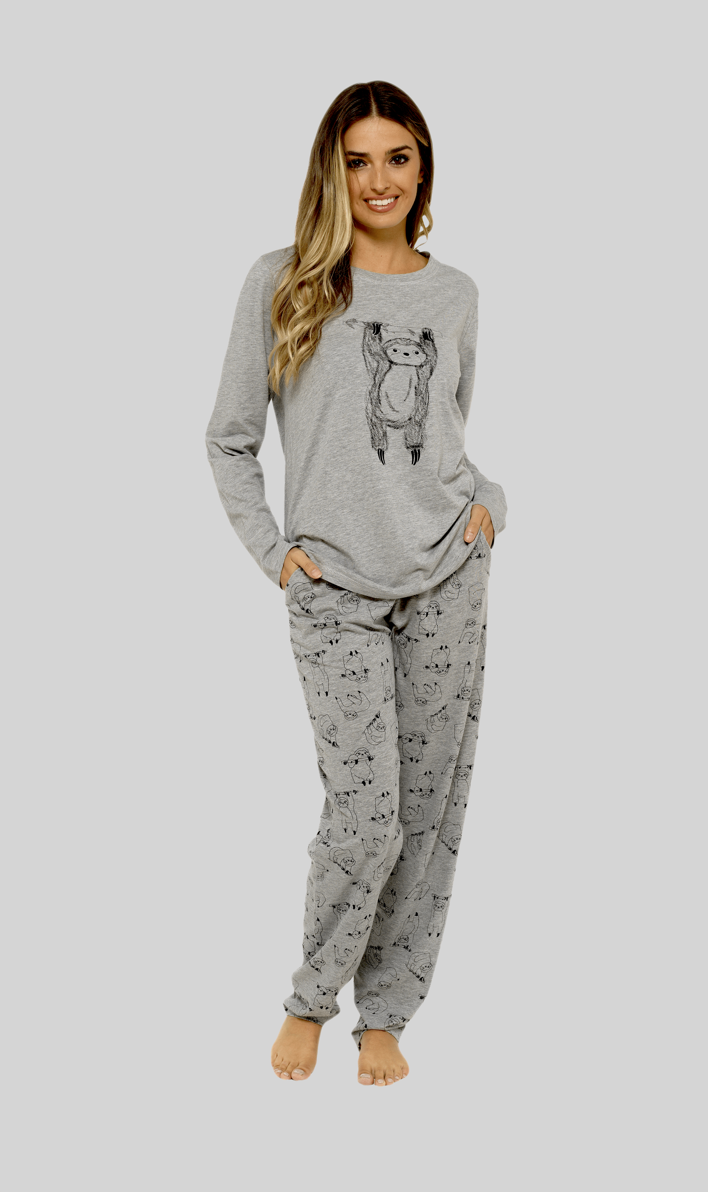 OLIVIA ROCCO Women's Grey Cotton Pyjama Set With Lazy Sloth Design, Long Sleeve Sleepwear For Her, Comfortable Nightwear