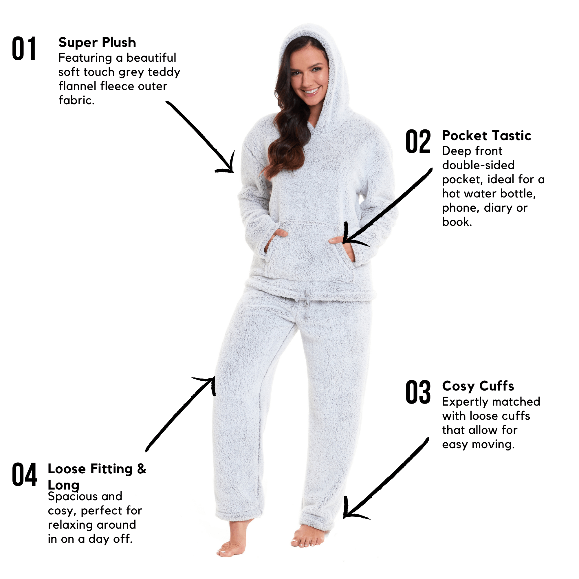OLIVIA ROCCO Womens Plush Fleece Hooded Pyjama Set Grey Soft Teddy Fabric UK Size 8 To 22 Boutique Nightwear Loungewear For Women