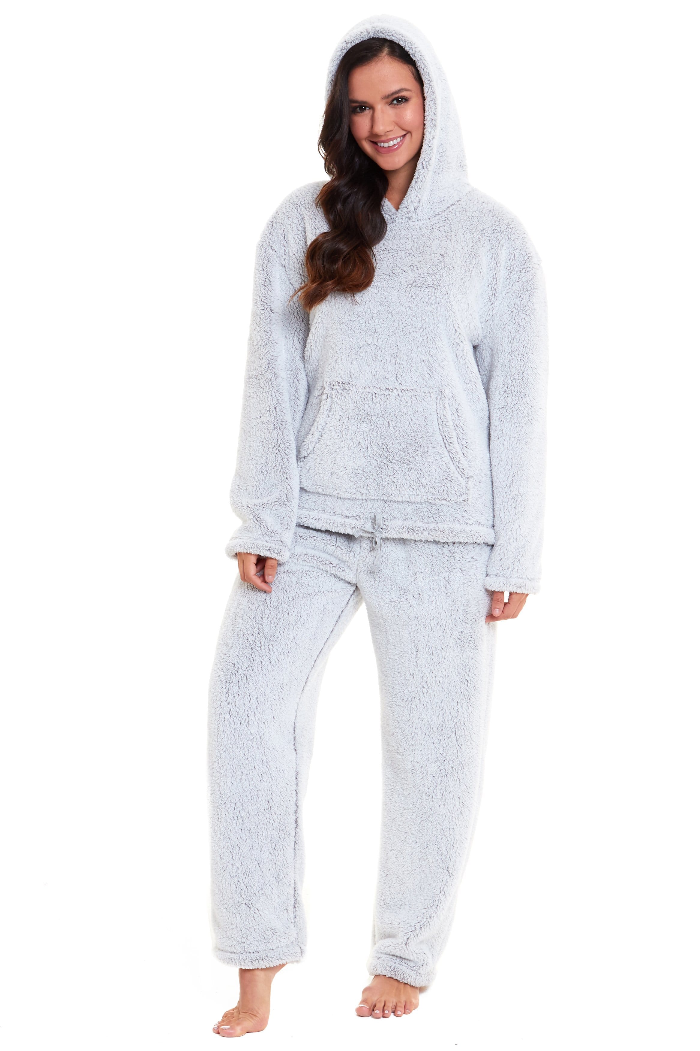 OLIVIA ROCCO Womens Plush Fleece Hooded Pyjama Set Grey Soft Teddy Fabric UK Size 8 To 22 Boutique Nightwear Loungewear For Women