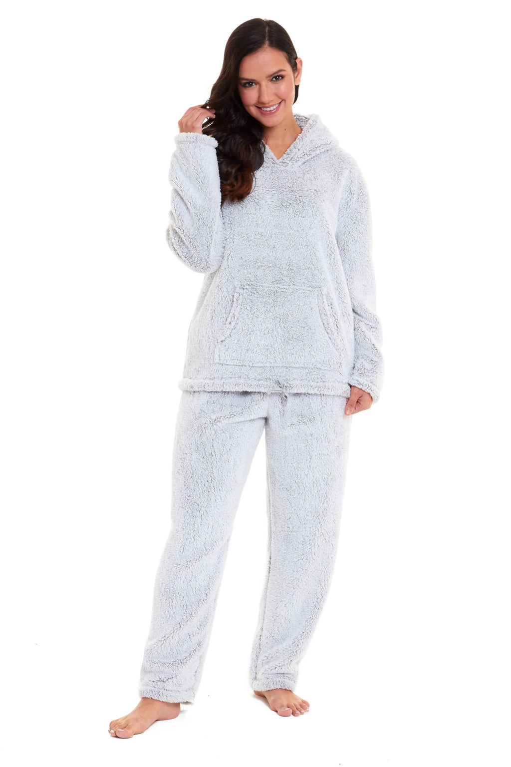 OLIVIA ROCCO Womens Plush Fleece Hooded Pyjama Set Grey Soft Teddy Fabric UK Size 8 To 22 Boutique Nightwear Loungewear For Women