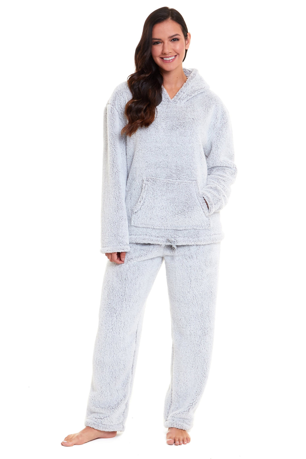 OLIVIA ROCCO Womens Plush Fleece Hooded Pyjama Set Grey Soft Teddy Fabric UK Size 8 To 22 Boutique Nightwear Loungewear For Women