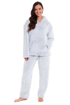 OLIVIA ROCCO Womens Plush Fleece Hooded Pyjama Set Grey Soft Teddy Fabric UK Size 8 To 22 Boutique Nightwear Loungewear For Women