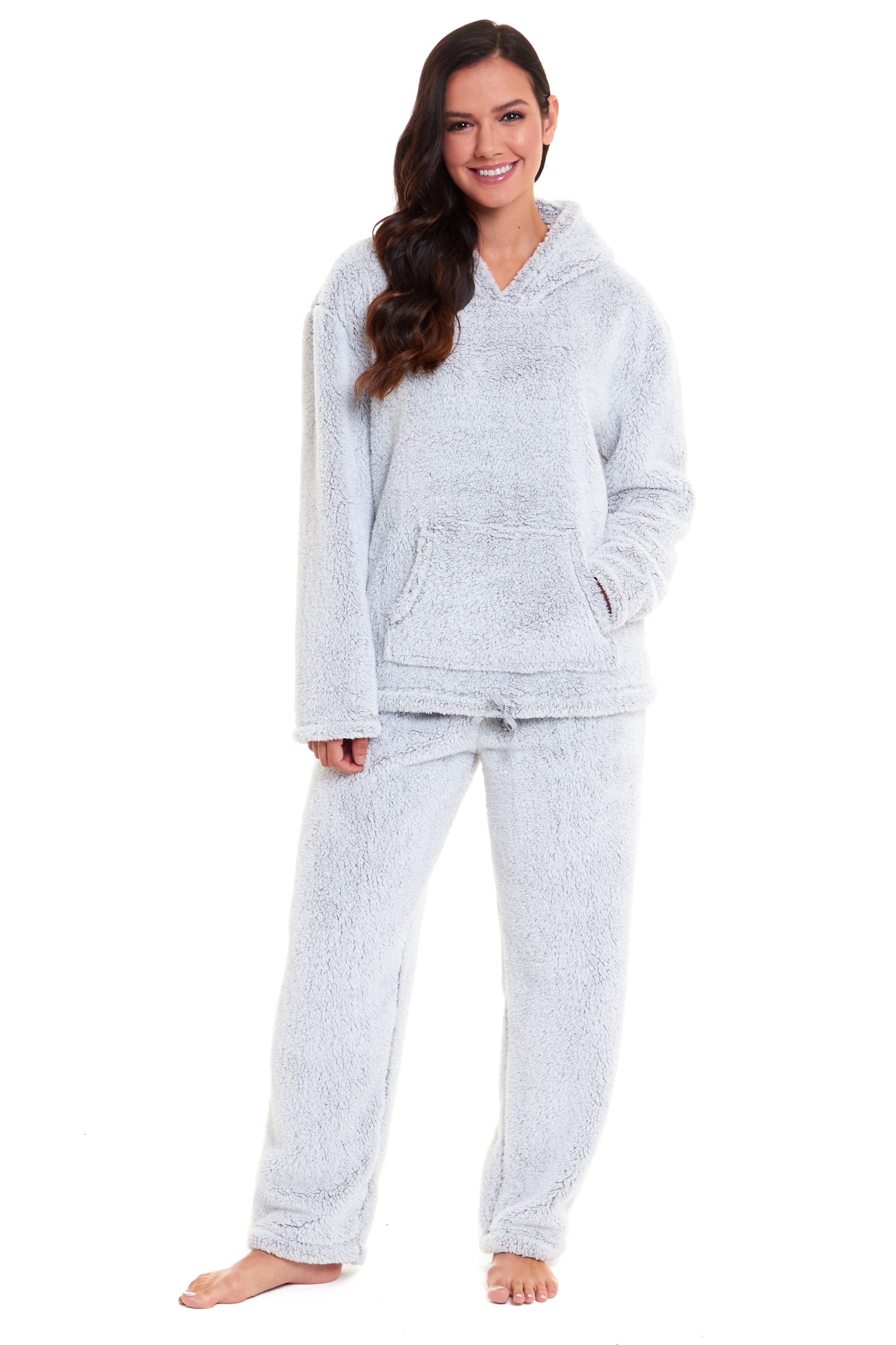OLIVIA ROCCO Womens Plush Fleece Hooded Pyjama Set Grey Soft Teddy Fabric UK Size 8 To 22 Boutique Nightwear Loungewear For Women