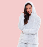 OLIVIA ROCCO Womens Plush Fleece Hooded Pyjama Set Grey Soft Teddy Fabric UK Size 8 To 22 Boutique Nightwear Loungewear For Women