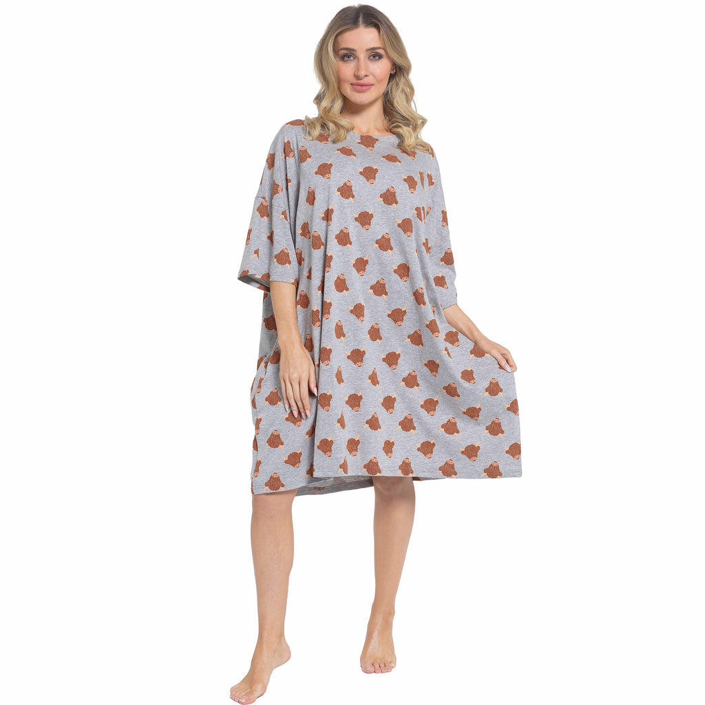 OLIVIA ROCCO Ladies Highland Cow Cream Baggy Nightdress Oversized T Shirt Nightshirt 100 Percent Cotton Short Sleeve Lounging