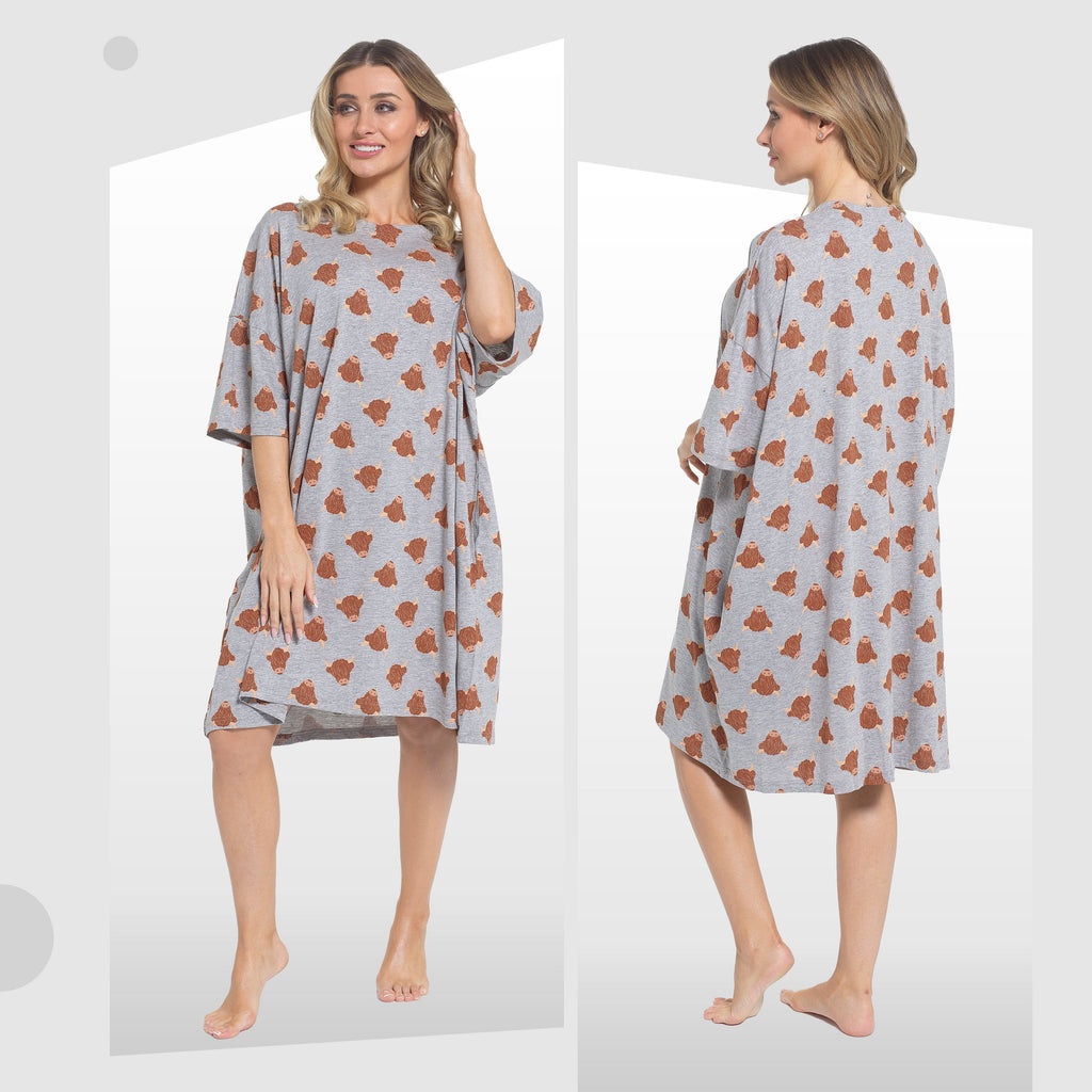 OLIVIA ROCCO Ladies Highland Cow Cream Baggy Nightdress Oversized T Shirt Nightshirt 100 Percent Cotton Short Sleeve Lounging