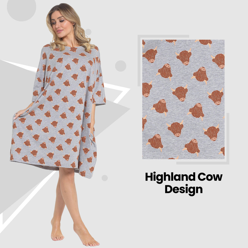 OLIVIA ROCCO Ladies Highland Cow Cream Baggy Nightdress Oversized T Shirt Nightshirt 100 Percent Cotton Short Sleeve Lounging