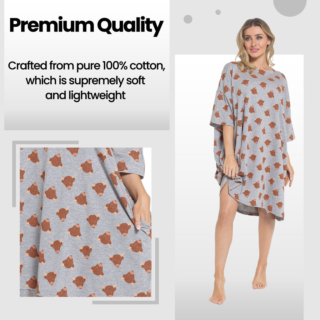 OLIVIA ROCCO Ladies Highland Cow Cream Baggy Nightdress Oversized T Shirt Nightshirt 100 Percent Cotton Short Sleeve Lounging