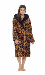 OLIVIA ROCCO Women's Leopard Plush F fleece Hooded Robe With Sherpa Lining, Cozy Thermal Nightwear, UK Sizes 8-22, Daisy Dreamer