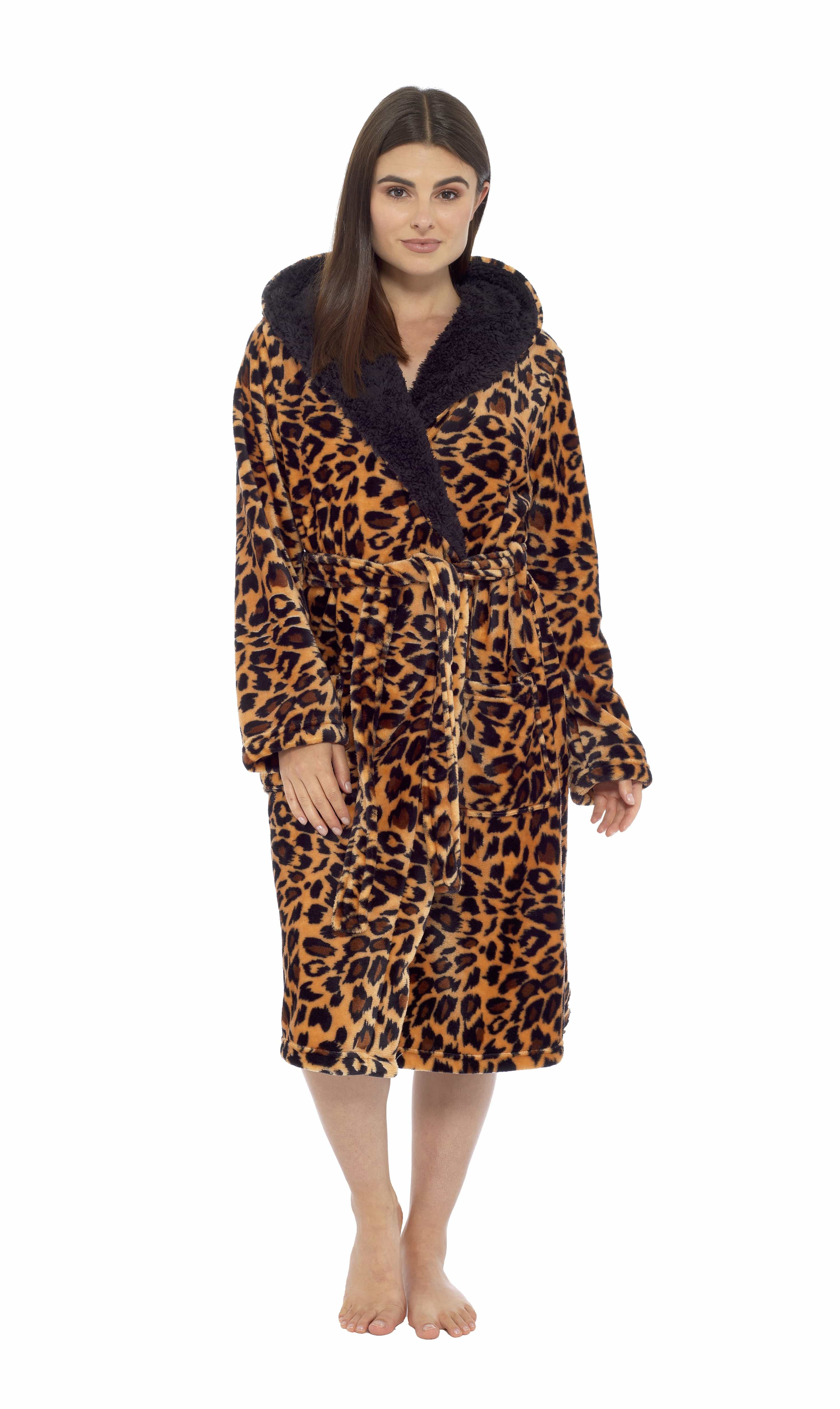 OLIVIA ROCCO Women's Leopard Plush F fleece Hooded Robe With Sherpa Lining, Cozy Thermal Nightwear, UK Sizes 8-22, Daisy Dreamer