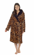 OLIVIA ROCCO Women's Leopard Plush F fleece Hooded Robe With Sherpa Lining, Cozy Thermal Nightwear, UK Sizes 8-22, Daisy Dreamer
