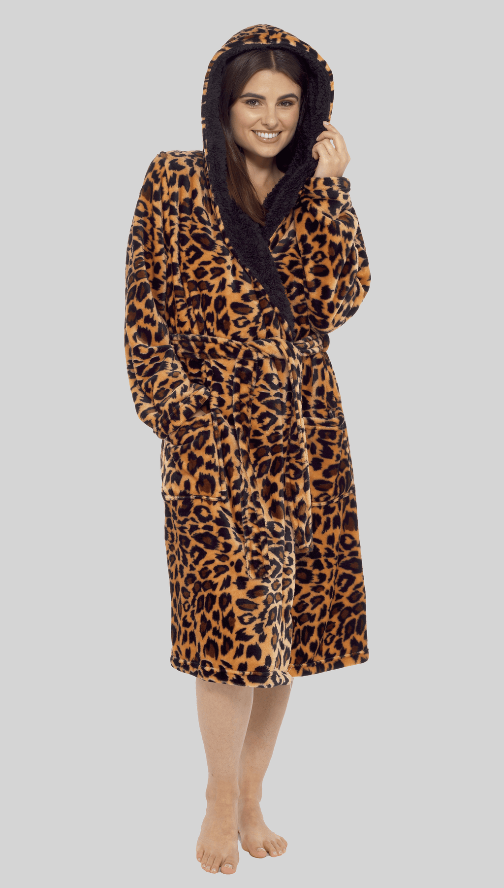 OLIVIA ROCCO Women's Leopard Plush F fleece Hooded Robe With Sherpa Lining, Cozy Thermal Nightwear, UK Sizes 8-22, Daisy Dreamer