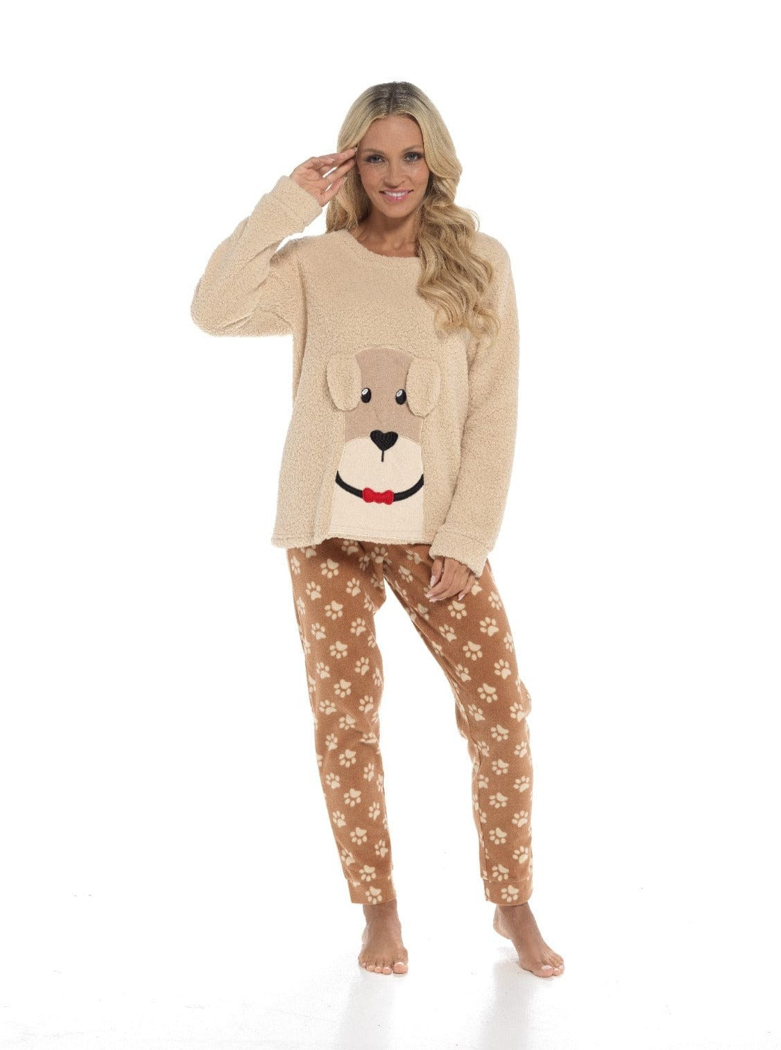 OLIVIA ROCCO Women's Fleece Pyjama Set Dog Snuggle Design Long Sleeve Top Patterned Bottoms Loungewear Sleepwear Size Range - Nest UK