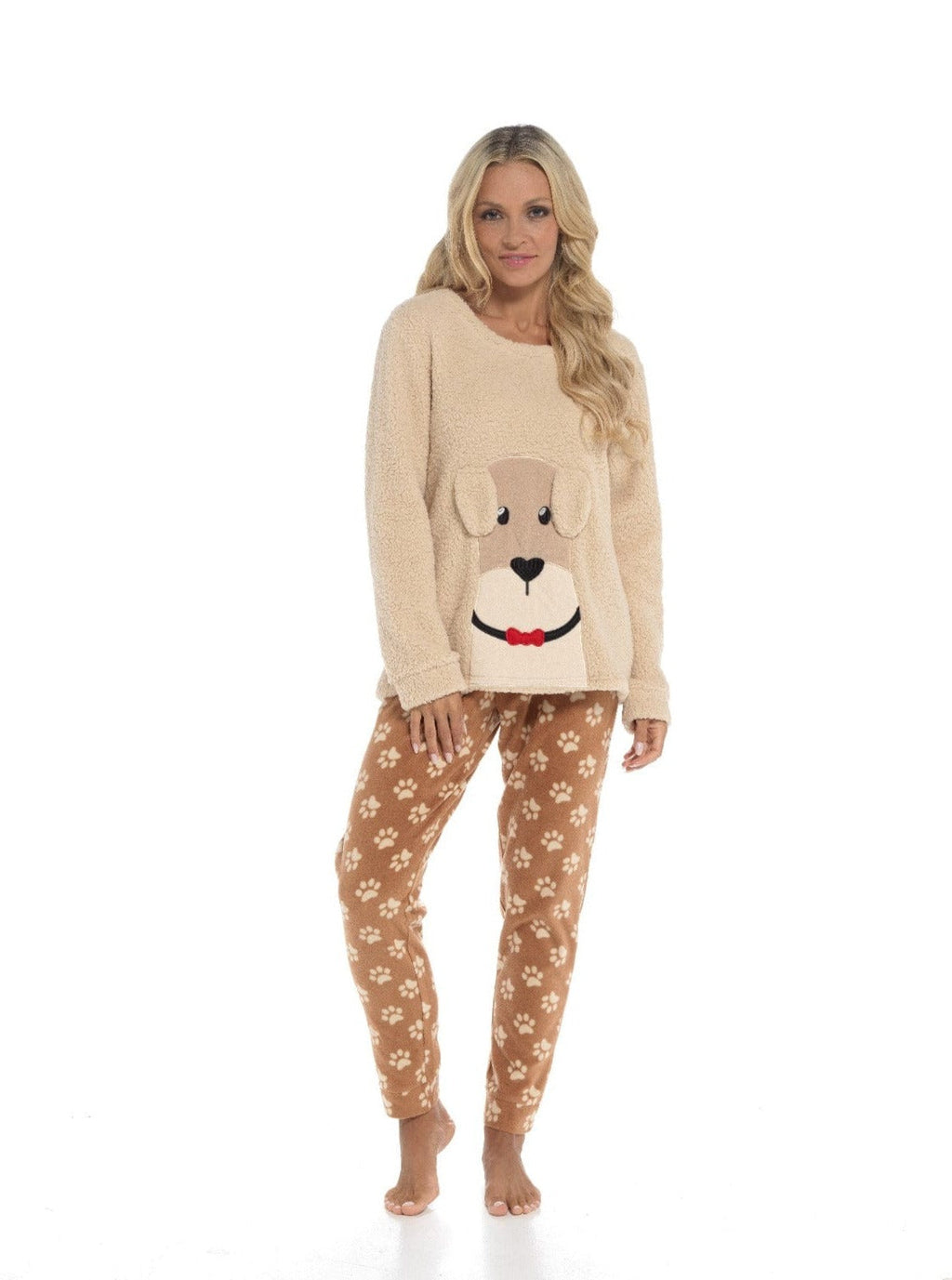 OLIVIA ROCCO Women's Fleece Pyjama Set Dog Snuggle Design Long Sleeve Top Patterned Bottoms Loungewear Sleepwear Size Range - Nest UK