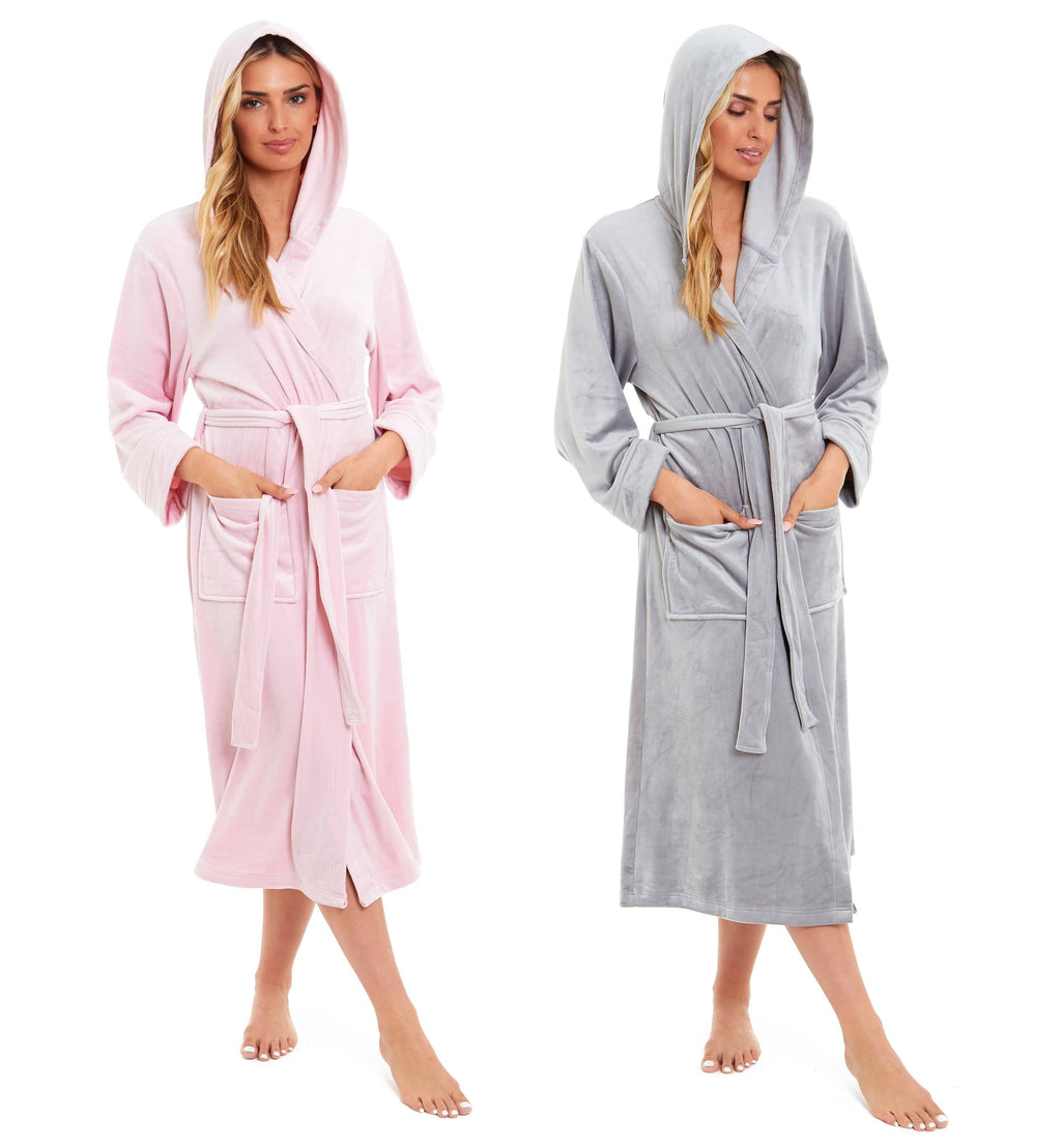 OLIVIA ROCCO Women's Velour Hooded Bathrobe Soft Touch Loungewear One Size Plush Comfort Luxury Dressing Gown Full Length