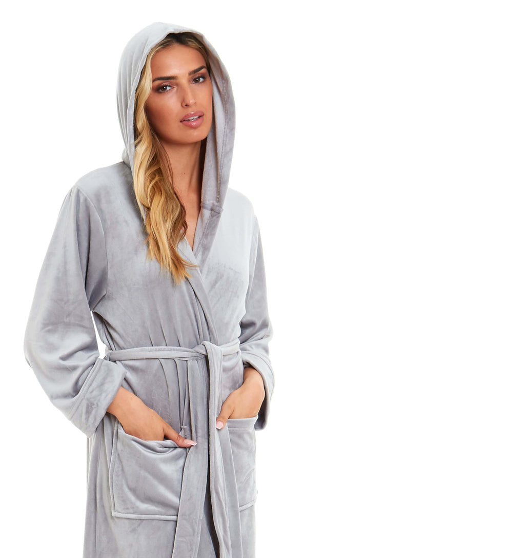OLIVIA ROCCO Women's Velour Hooded Bathrobe Soft Touch Loungewear One Size Plush Comfort Luxury Dressing Gown Full Length