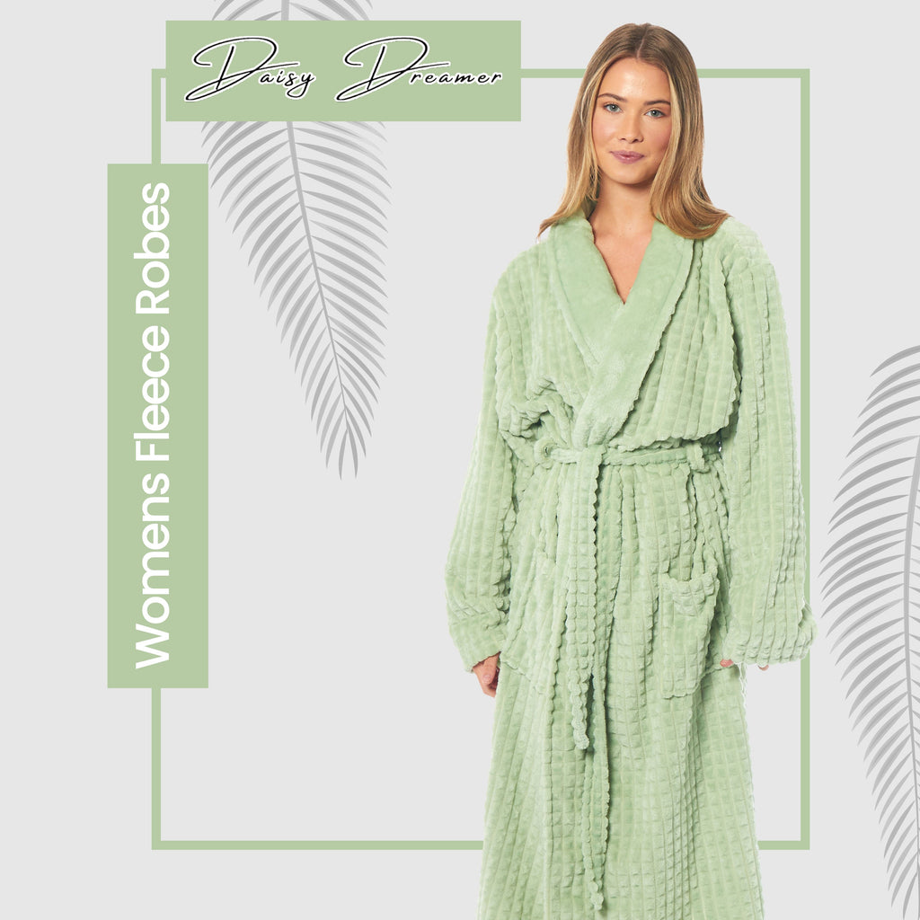 OLIVIA ROCCO Womens Luxury Waffle Fleece Robe Belted Long Dressing Gown With Pockets Soft Warm Cozy Loungewear Daisy Dreamer - Nest UK