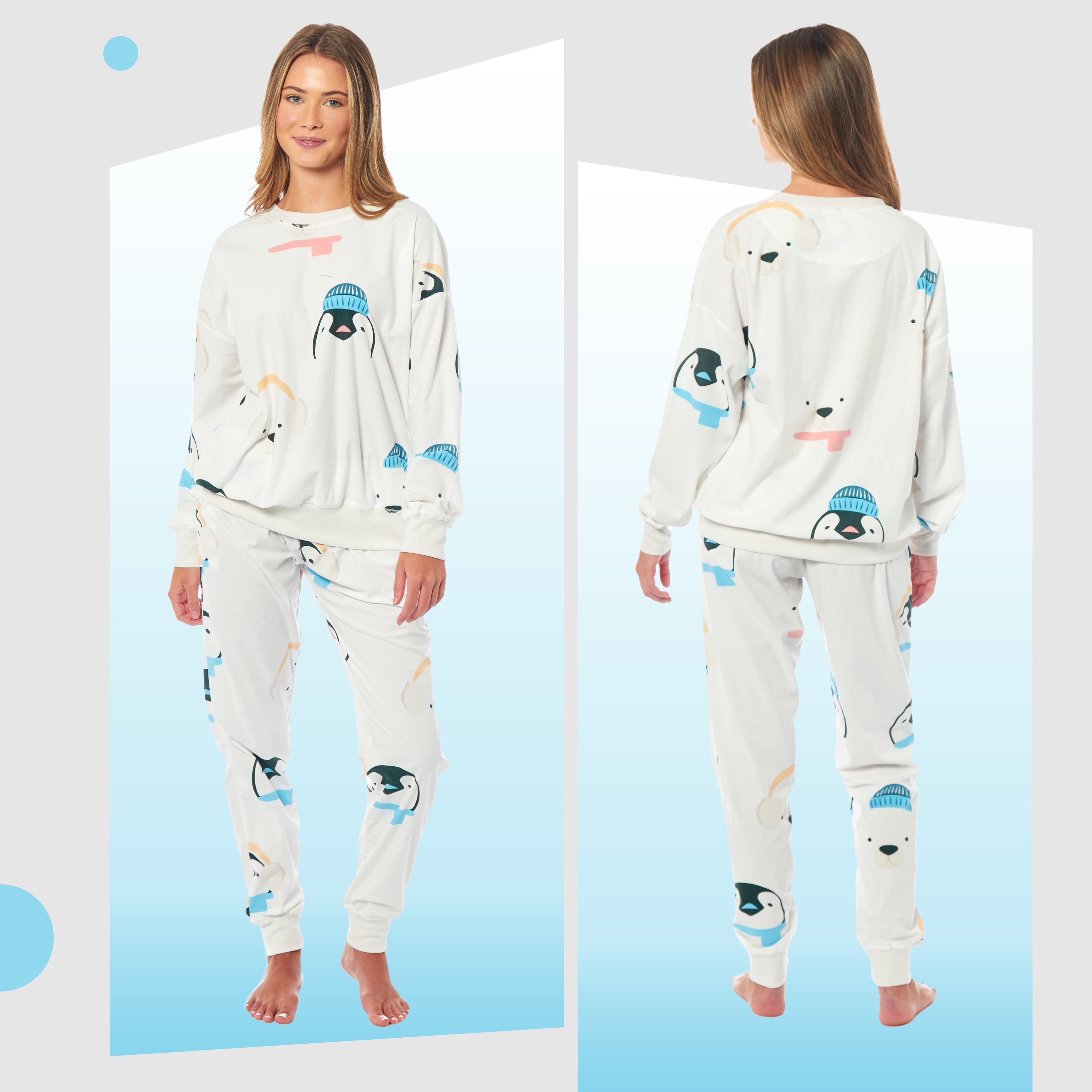 OLIVIA ROCCO Womens Soft Fleece Pyjama Set With Long Sleeve Penguins And Polar Bears Print Warm Cozy Loungewear Sleepwear For Ladies