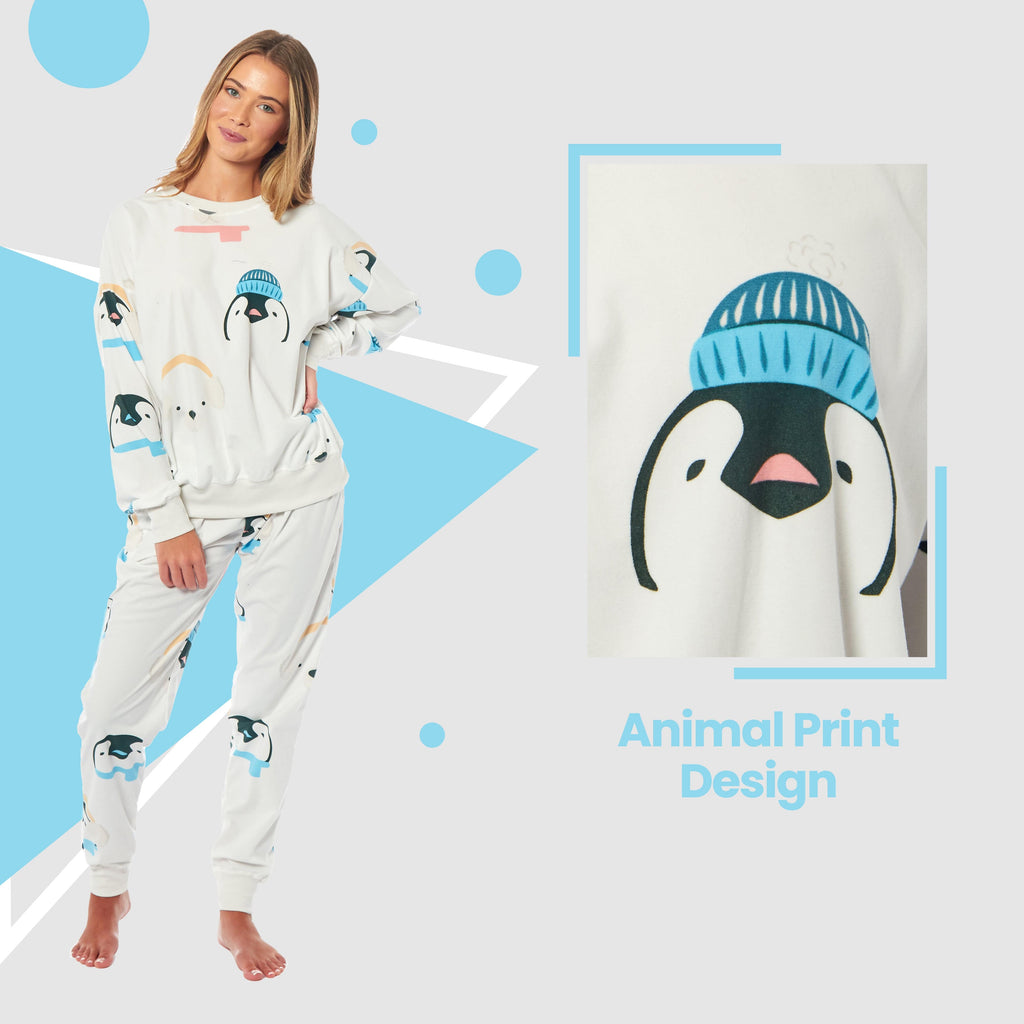 OLIVIA ROCCO Womens Soft Fleece Pyjama Set With Long Sleeve Penguins And Polar Bears Print Warm Cozy Loungewear Sleepwear For Ladies