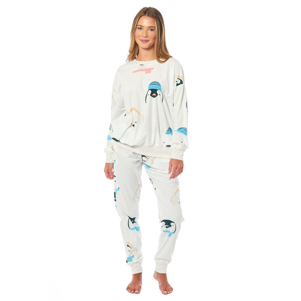 OLIVIA ROCCO Womens Soft Fleece Pyjama Set With Long Sleeve Penguins And Polar Bears Print Warm Cozy Loungewear Sleepwear For Ladies