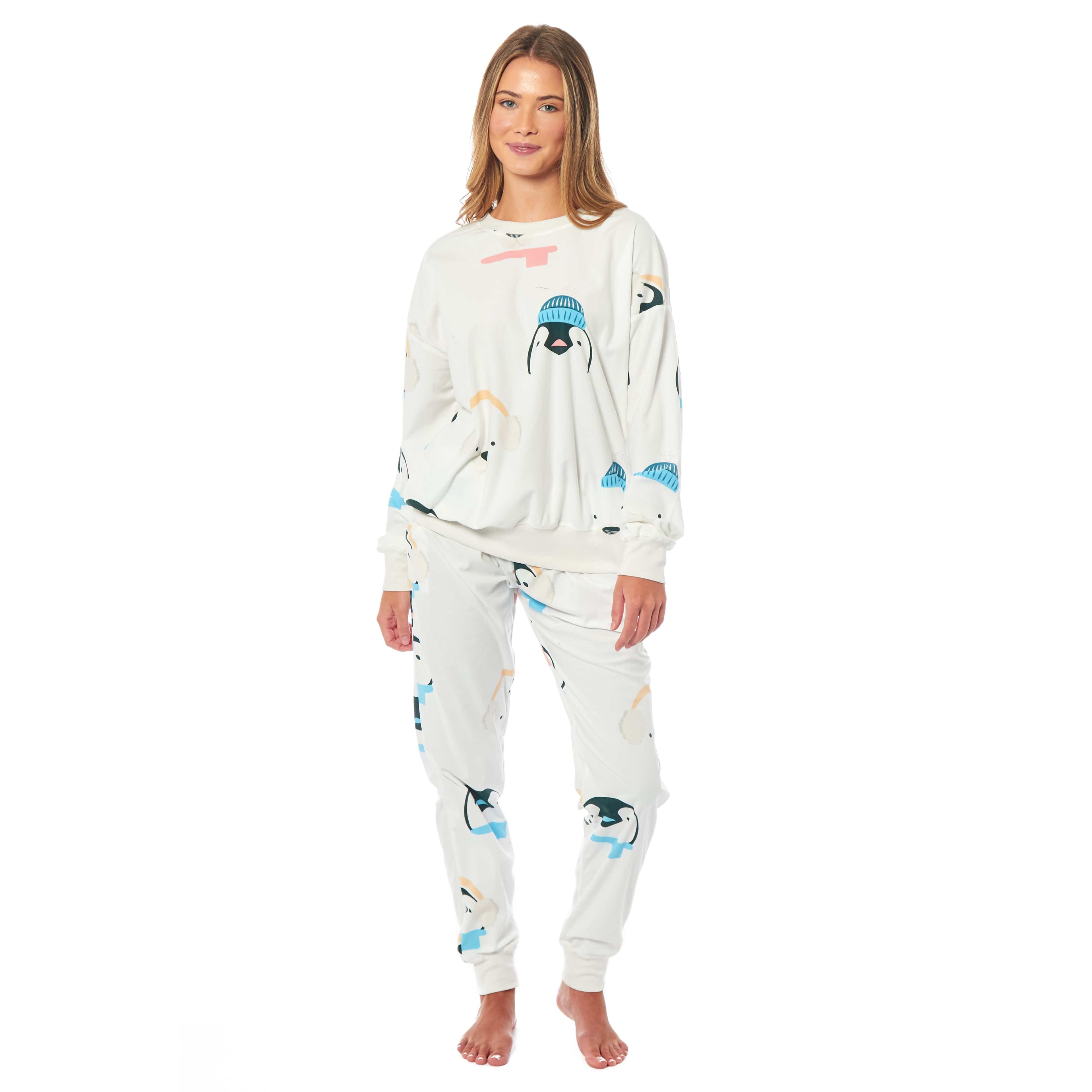 OLIVIA ROCCO Womens Soft Fleece Pyjama Set With Long Sleeve Penguins And Polar Bears Print Warm Cozy Loungewear Sleepwear For Ladies