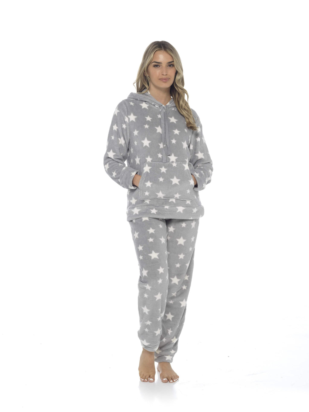OLIVIA ROCCO Womens Stars Plush Fleece Hooded Pyjama Set Teddy Fabric Nightwear Soft Warm Cosy Lounge Multiple Sizes Boutique