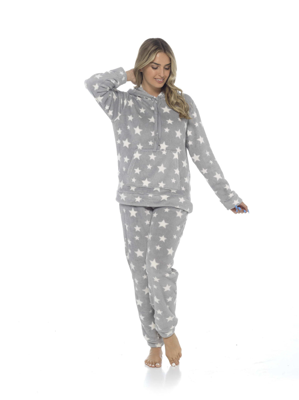 OLIVIA ROCCO Womens Stars Plush Fleece Hooded Pyjama Set Teddy Fabric Nightwear Soft Warm Cosy Lounge Multiple Sizes Boutique
