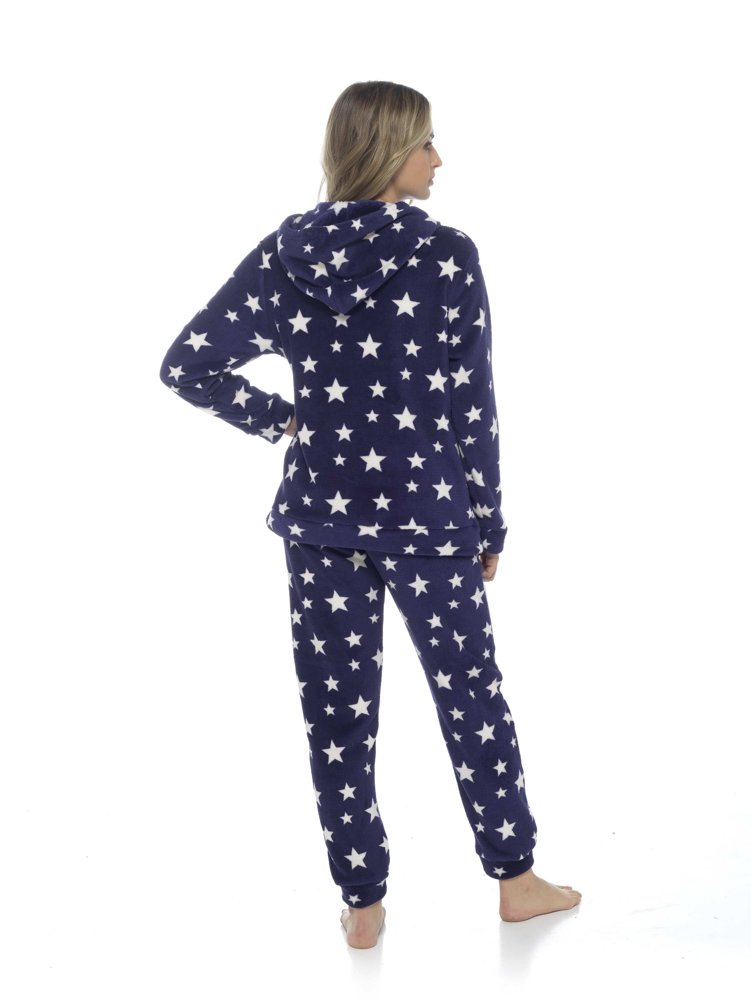 OLIVIA ROCCO Womens Stars Plush Fleece Hooded Pyjama Set Teddy Fabric Nightwear Soft Warm Cosy Lounge Multiple Sizes Boutique