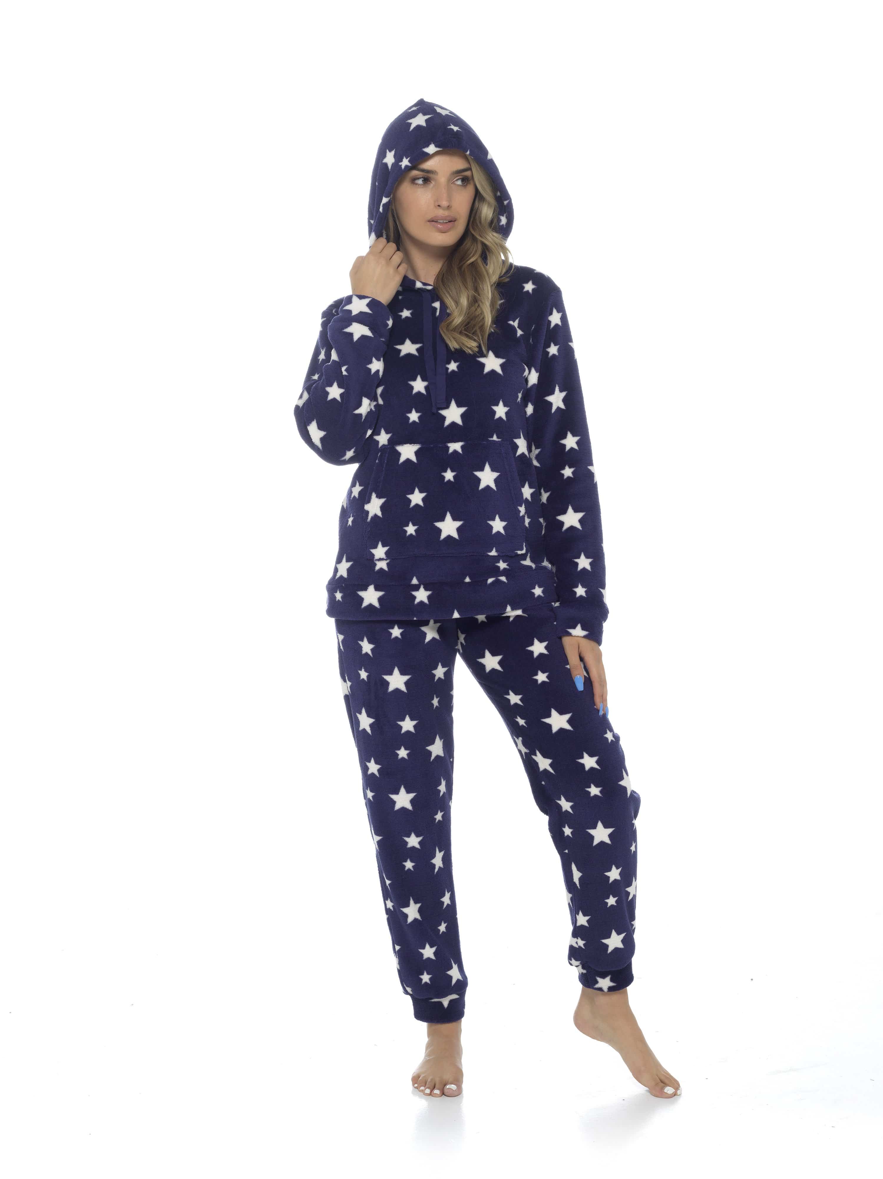 OLIVIA ROCCO Womens Stars Plush Fleece Hooded Pyjama Set Teddy Fabric Nightwear Soft Warm Cosy Lounge Multiple Sizes Boutique