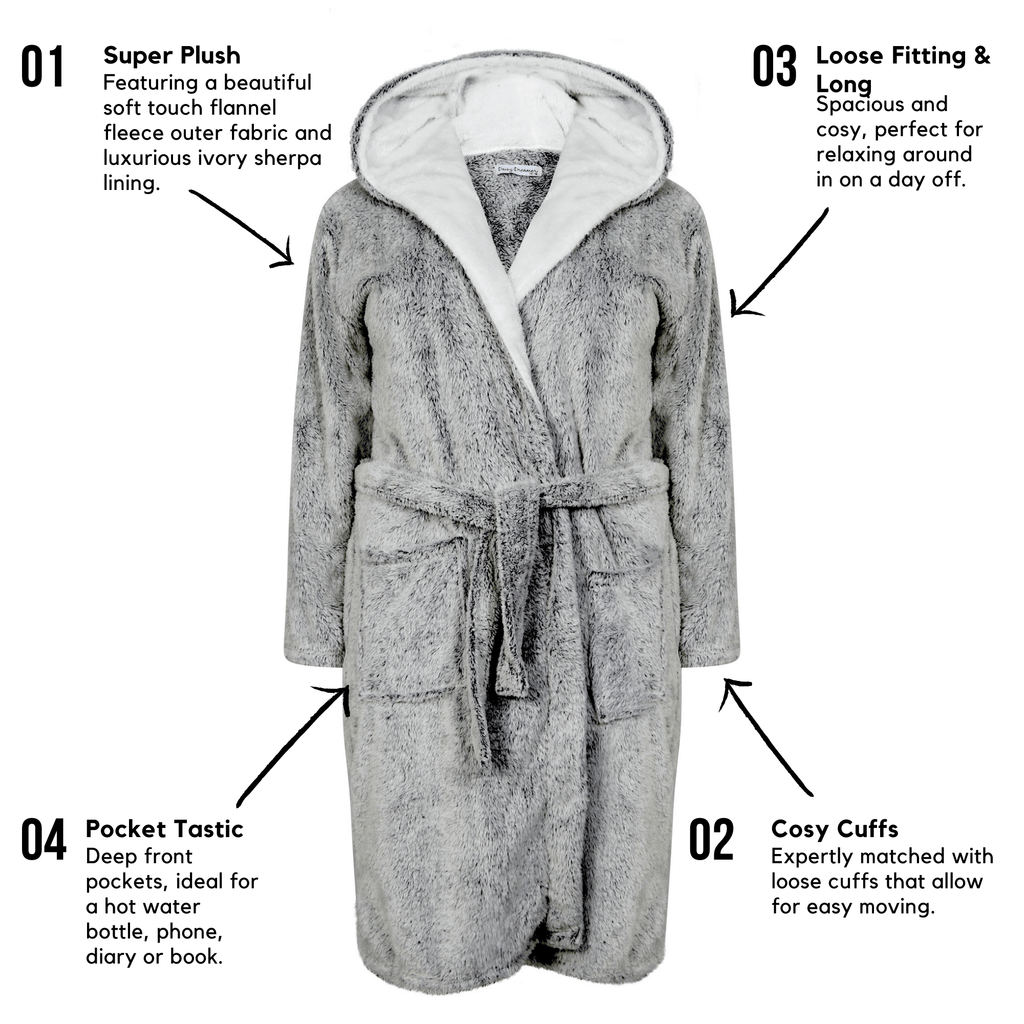 OLIVIA ROCCO Women's Shimmer Grey Plush Fleece Hooded Robe With Ultra Soft Sherpa Lining For Luxurious Loungewear Dressing Gown