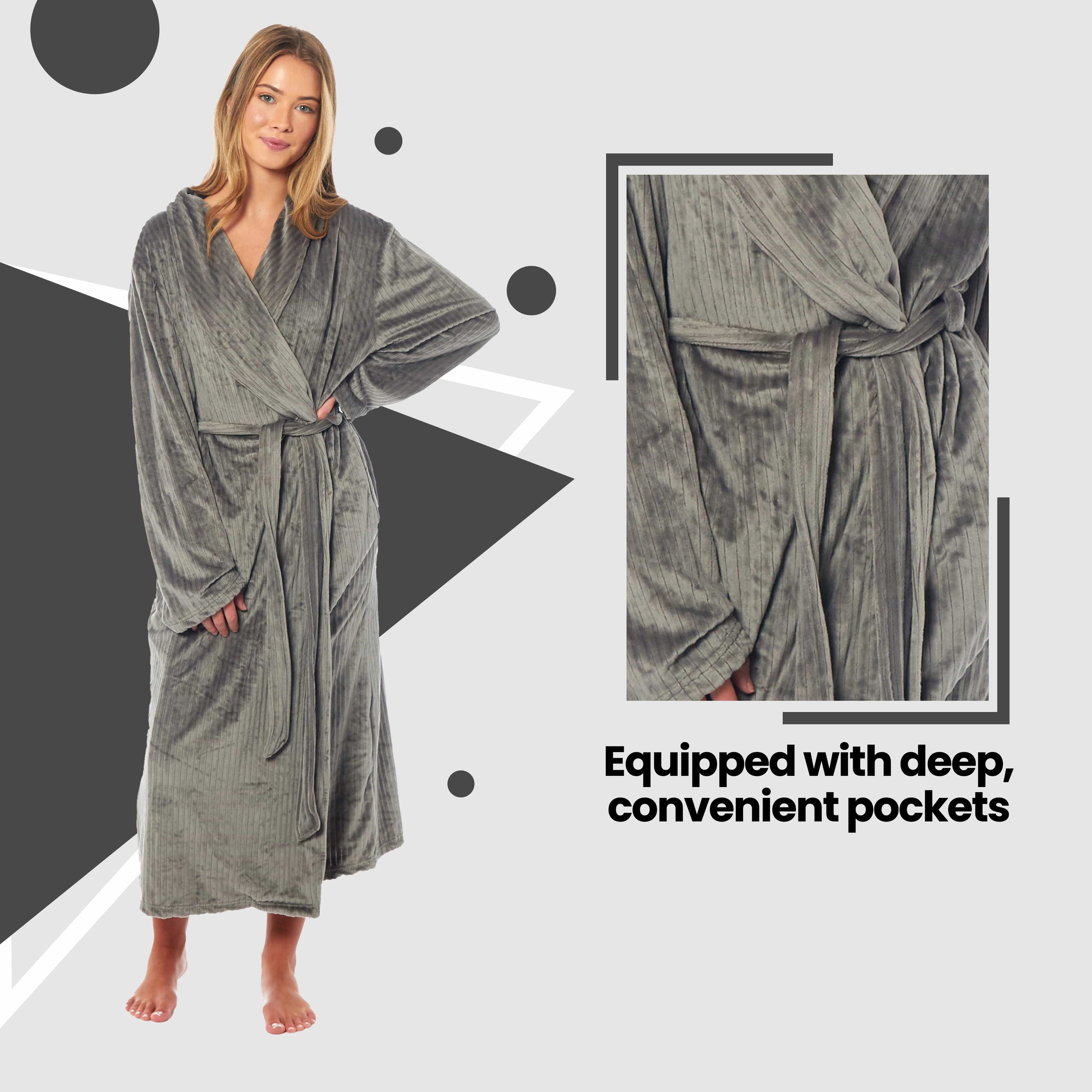 OLIVIA ROCCO Womens Stripe Jacquard Soft Warm Long Dressing Gown With Belt Pockets Shawl Collar Loungewear Robe Daisy Dreamer