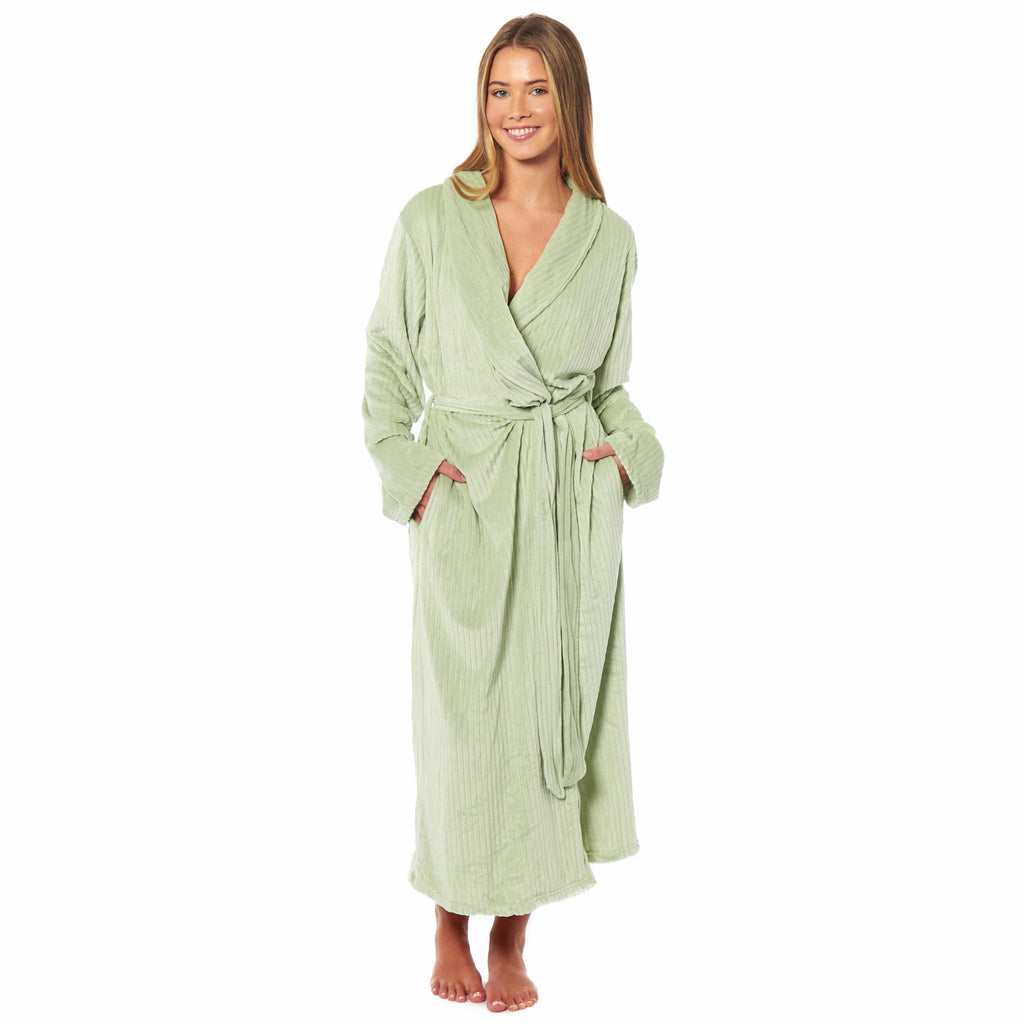 OLIVIA ROCCO Womens Stripe Jacquard Soft Warm Long Dressing Gown With Belt Pockets Shawl Collar Loungewear Robe Daisy Dreamer
