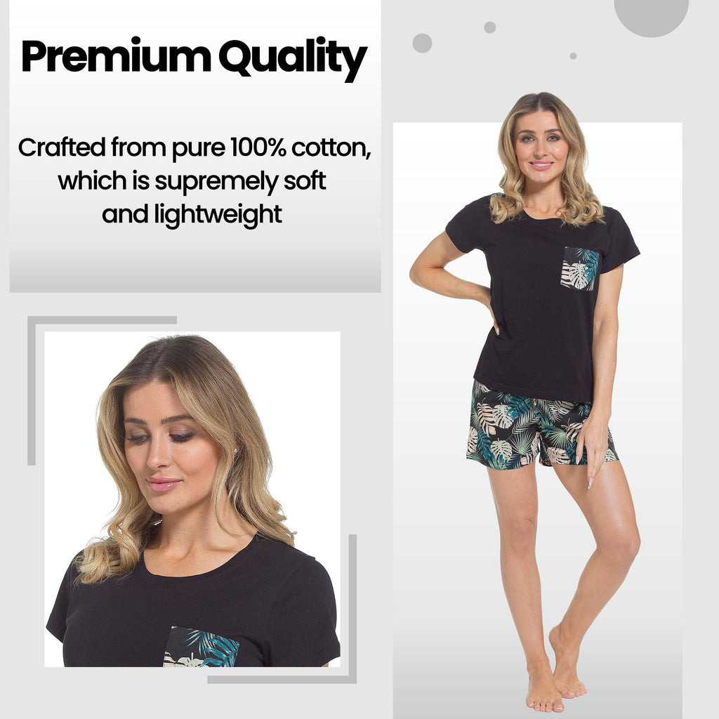 OLIVIA ROCCO Women's Tropical Pyjama Set T Shirt And Shorts PJs Soft Breathable Cotton Loungewear Summer Sleepwear Daisy Dreamer