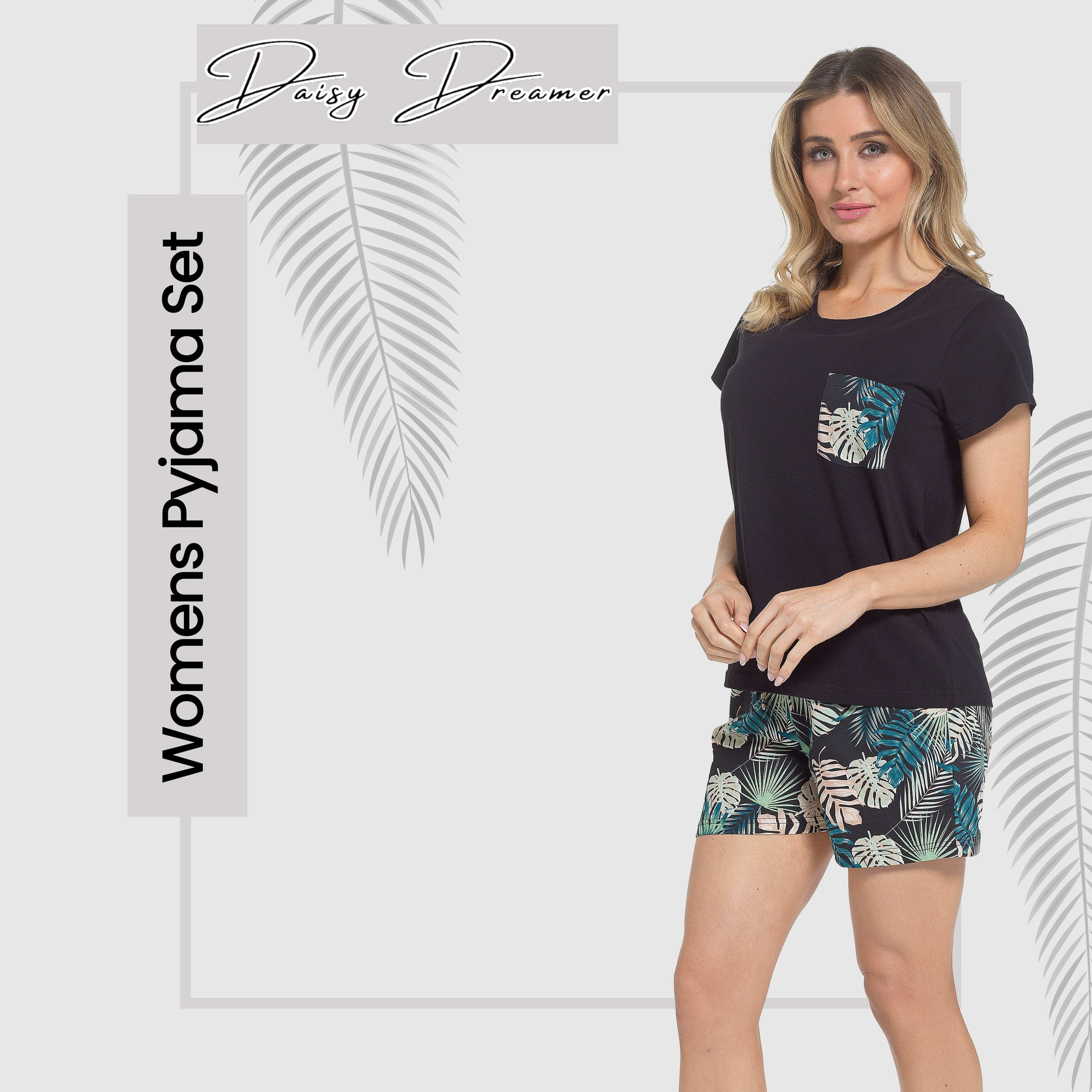 OLIVIA ROCCO Women's Tropical Pyjama Set T Shirt And Shorts PJs Soft Breathable Cotton Loungewear Summer Sleepwear Daisy Dreamer